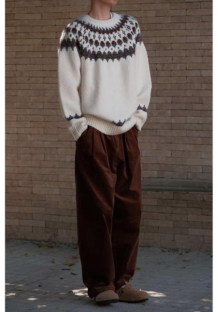 Men's Autumn/Winter French Fair Isle Stripe Knit Sweater - Round Neck, Loose Fit, Versatile Casual Style.