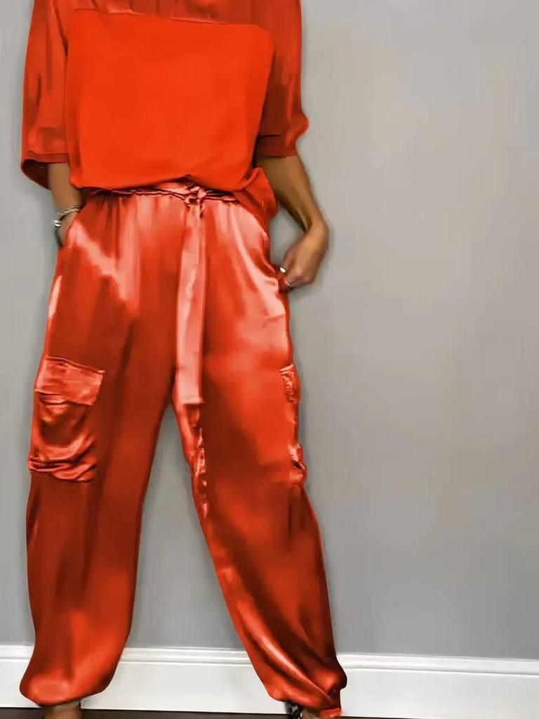 Women's Two Piece Set - Sleeveless Top & Pants, Solid Color Loose Casual Smooth Satin Pocketed Fashion Outfit