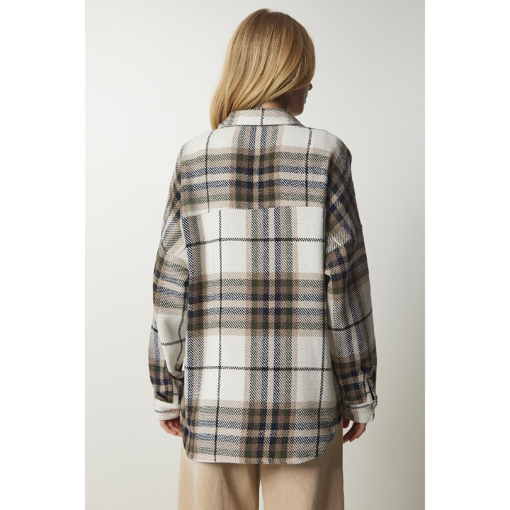 Dámská béžová krémová vzorovaná nadměrná kašmírová košile dřevorubce Tu00034