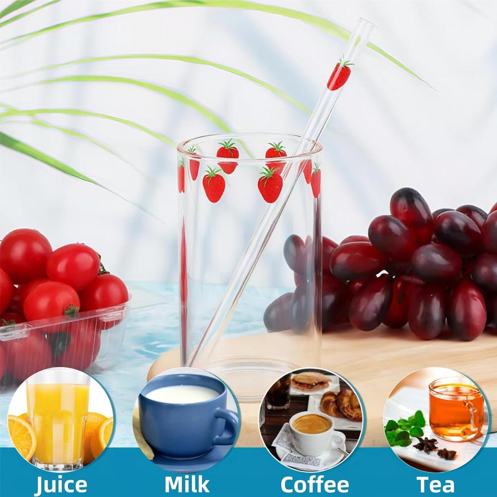 1/2 Piece 16oz Juice Cup with Glass Straw Milk Coffee Cup Berry Pattern, Easy To Clean Reusable for Cold/Hot Drinks