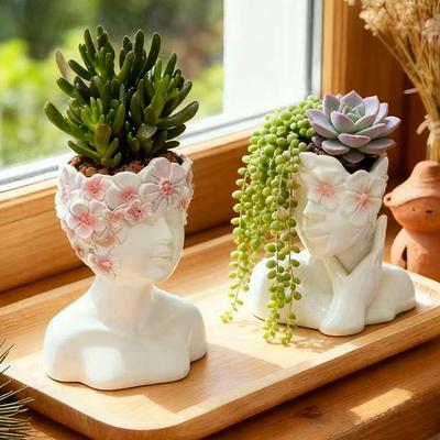 Beautiful Girl Flowerpot Green Potted Plants Container Home Courtyard Garden Decoration Resin Handicrafts Ornament Gift