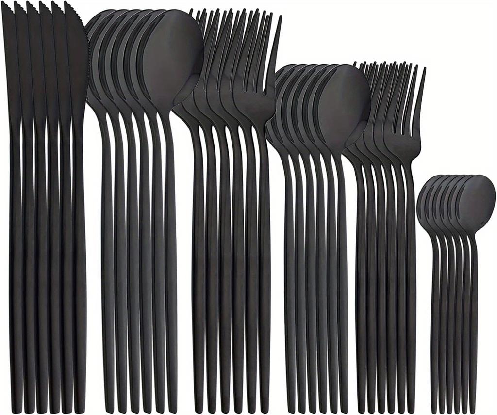 36pcs Black Silverware Set with Steak Knives Stainless Steel Tableware Utensils , Mirror Polished Dishwasher Safe