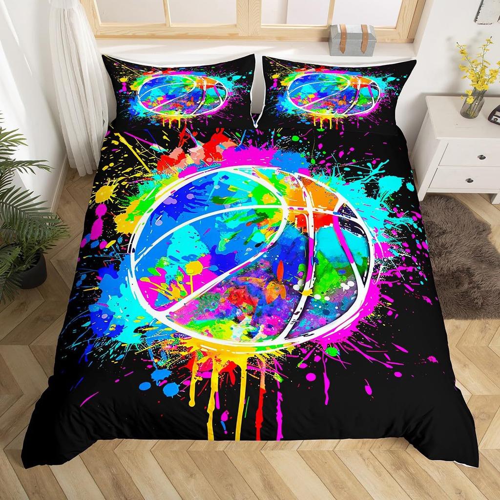 Basketball Comforter Cover Queen Size Sport Dunk Basketball Duvet Covers For Kids Teens, Black Ball Print Bedding Set All Season