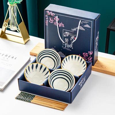 Qingyao Ceramic 4-Bowl & 4-Chopstick Chinese Gift Set