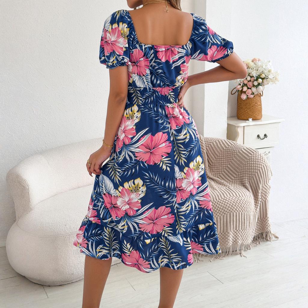 Women's Fashionable Floral Print Off Shoulder Short Sleeved Ruffle Edge Holiday Beach Loose Dress