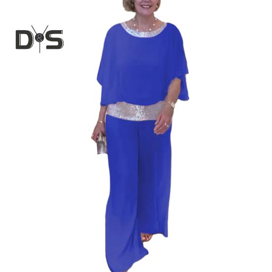 

2 шт./комплект женский повседневный наряд с круглым вырезом и рукавами «летучая мышь», топы с широкими штанинами, комплект из блестящего шифонового наряда в стиле пэчворк XL синий