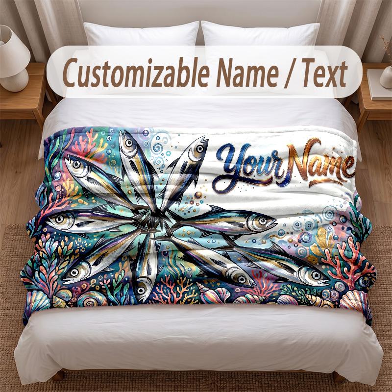 Fish Ocean Theme Soft Blanket Personalized Custom Name Text Print Warm Blanket Home Sofa Bedroom Decor