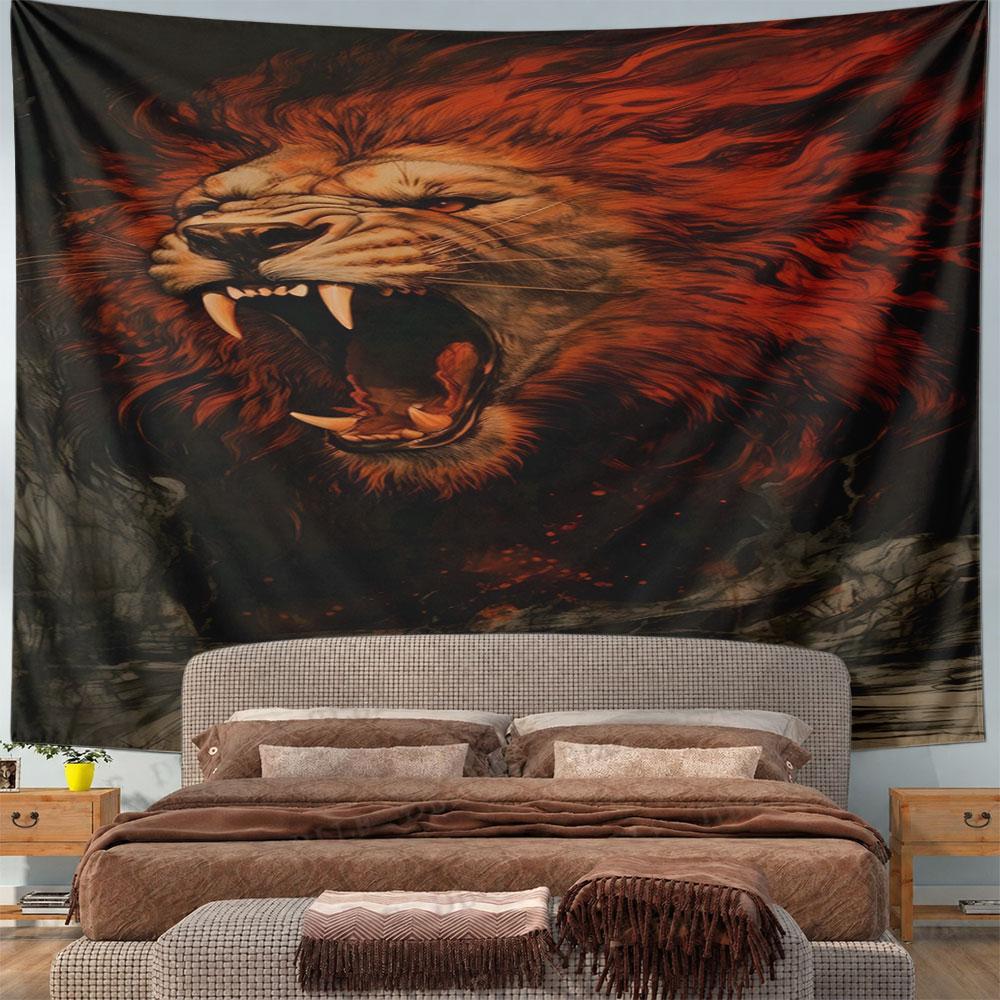 Fiery Roaring Lion Illustration Pattern Wall Hanging Tapestry Decorative Tapestry Home Decor for Bedroom and Living Room