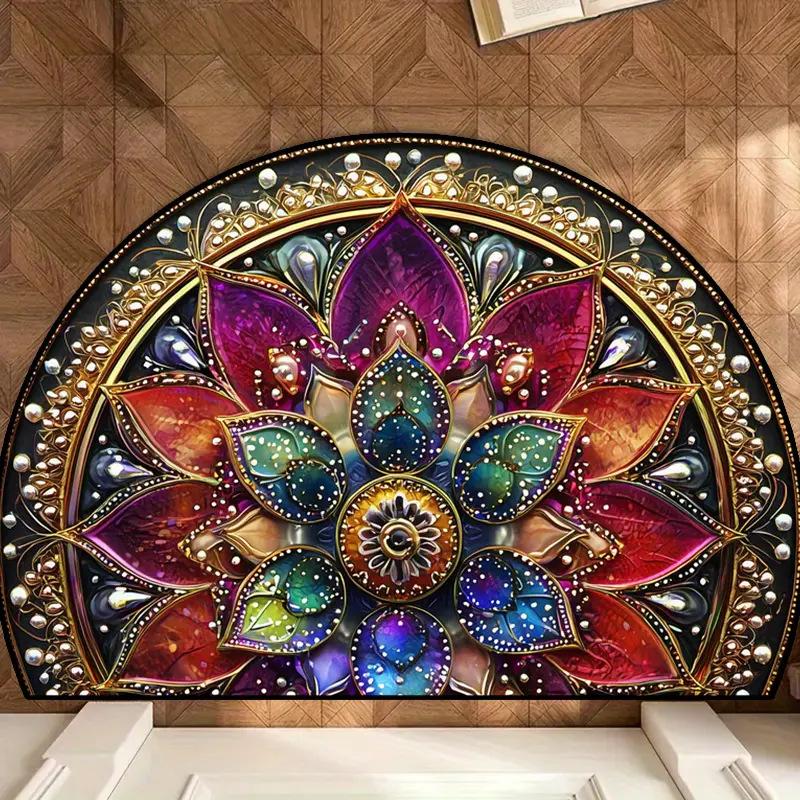 Halfronde Edelsteen Lotus Mat, Antislip Halfronde Deurmat, Kleurrijk Mandala Print, Absorberend Vloerkleed voor Slaapkamer 40x60cm-Felt