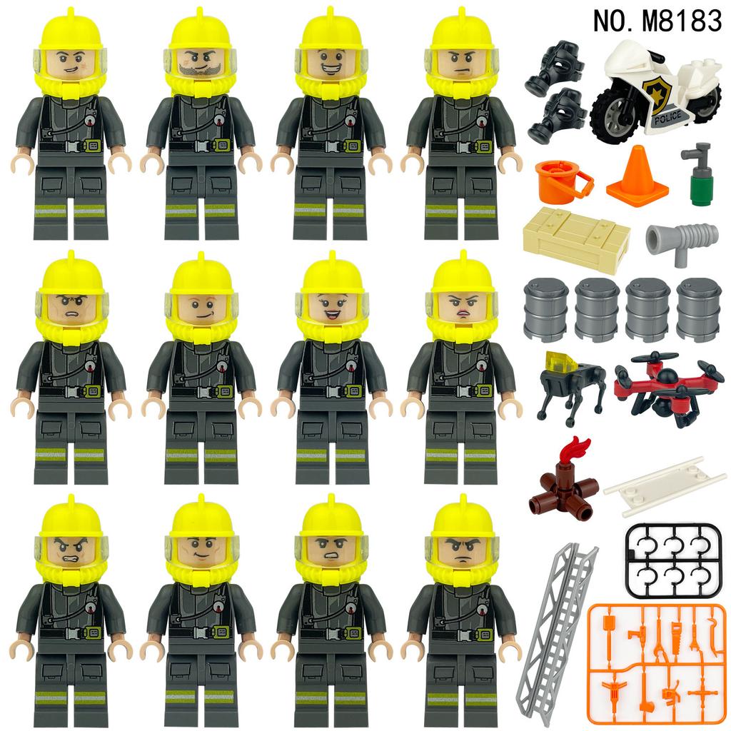 M8253 Blue Sky Fire Rescue Team Miniature Children Assemble Small Particle Building Block Toy Stretcher Wheel
