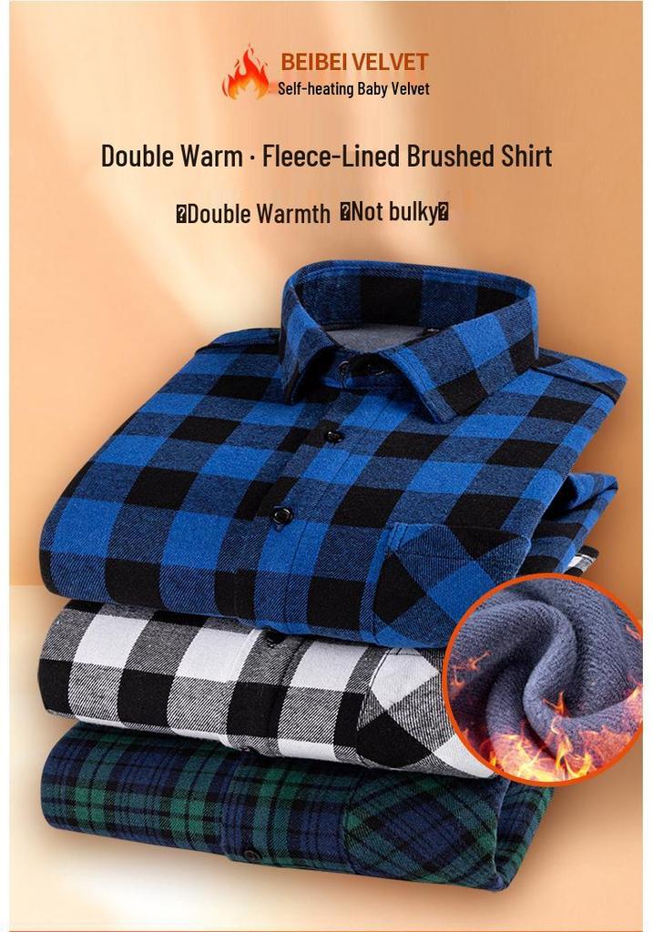 Men's Stylish Plaid Shirt, Long Sleeve, 100% Cotton, Brushed Velvet, Thickened for Spring and Winter.