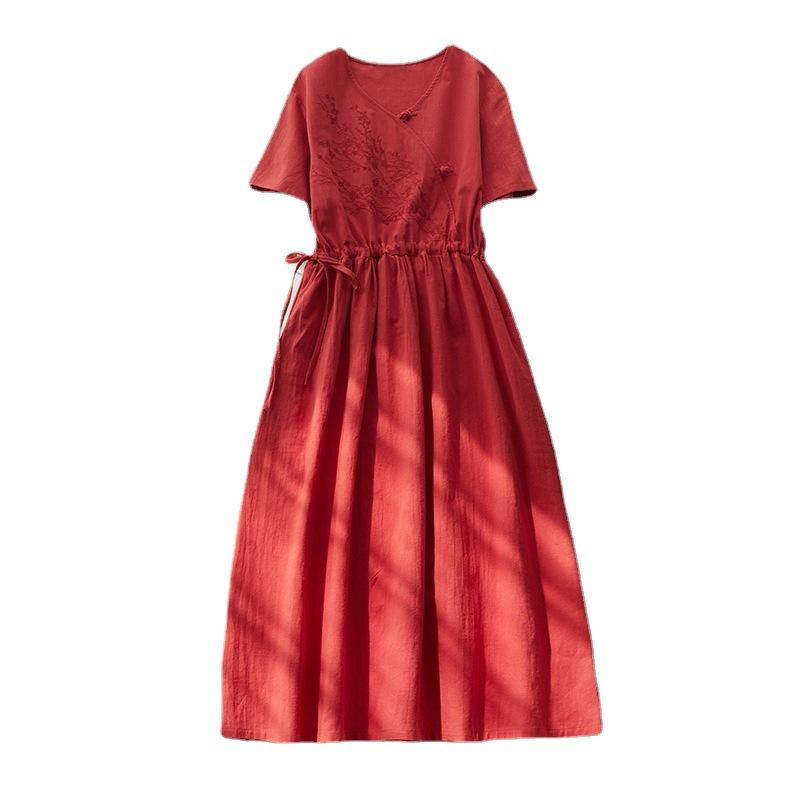 2025 Summer New Embroidered Cotton and Linen Dress for Women, Lace-up Waist Loose and Thin V-neck Short-sleeved Solid Color Long Dress
