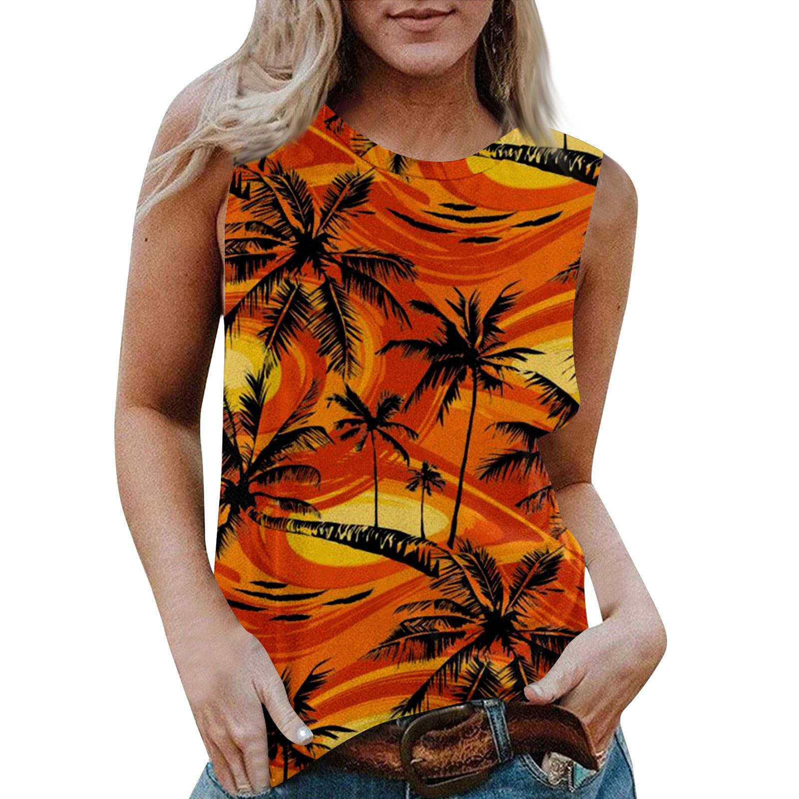 

Женская повседневная футболка без рукавов с круглым вырезом и гавайским принтом L шафрановый