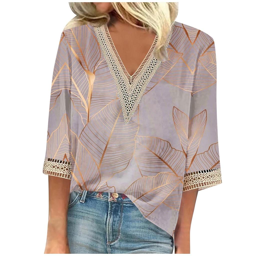 Women's Shirt Blouse Casual Loose Shirts 3/4 Sleeve Lace Print V Neck Tops Print Tops T-shirts Tee