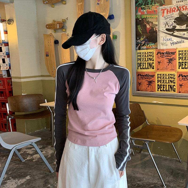 Women's Retro Raglan Long-Sleeve T-Shirt: Short Top for Spring, Autumn, Winter