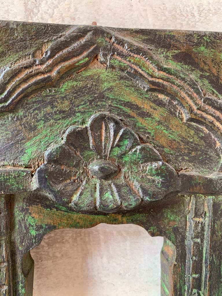 Rustic Green Jharokha Wall Decor: Carved Wooden Window Frame
