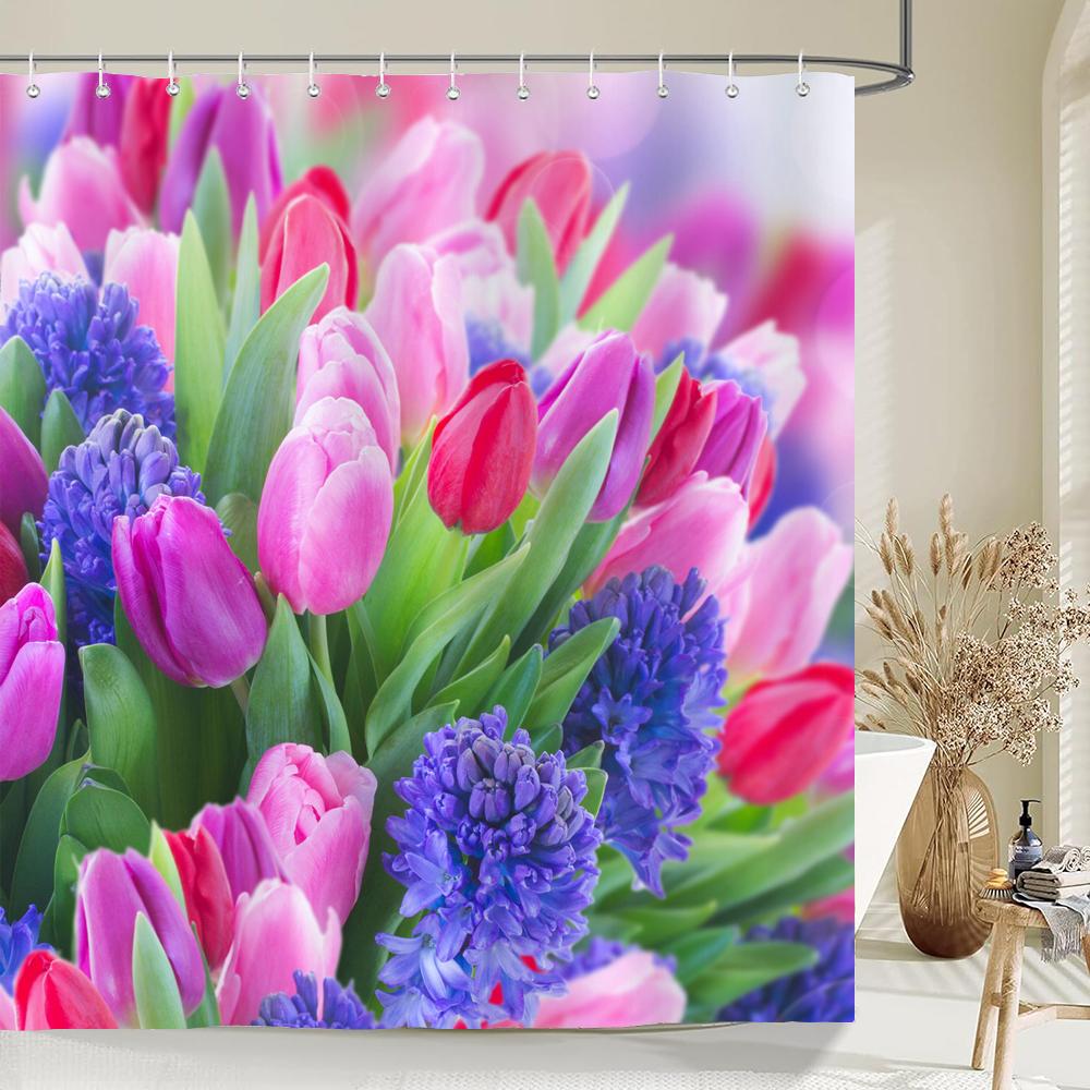 Beautiful Tulip Rose Flowers Shower Curtain Bathroom Curtains Nature Flower Waterproof Polyeste Fabric Bathtub Decor With Hook