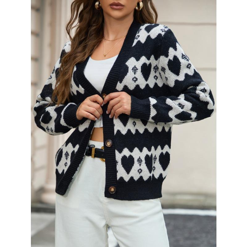 Women S V Neck Long Sleeve Knit Cardigan With Heart Pattern