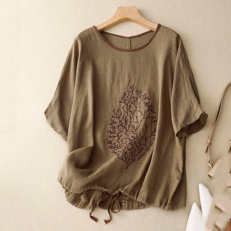 

Нова вінтажна вишивка з коротким рукавом, повсякденна вільна бавовняна білизна з круглим вирізом, велика літня футболка, жіноча сорочка, верхній одяг 2XL дубильна кора