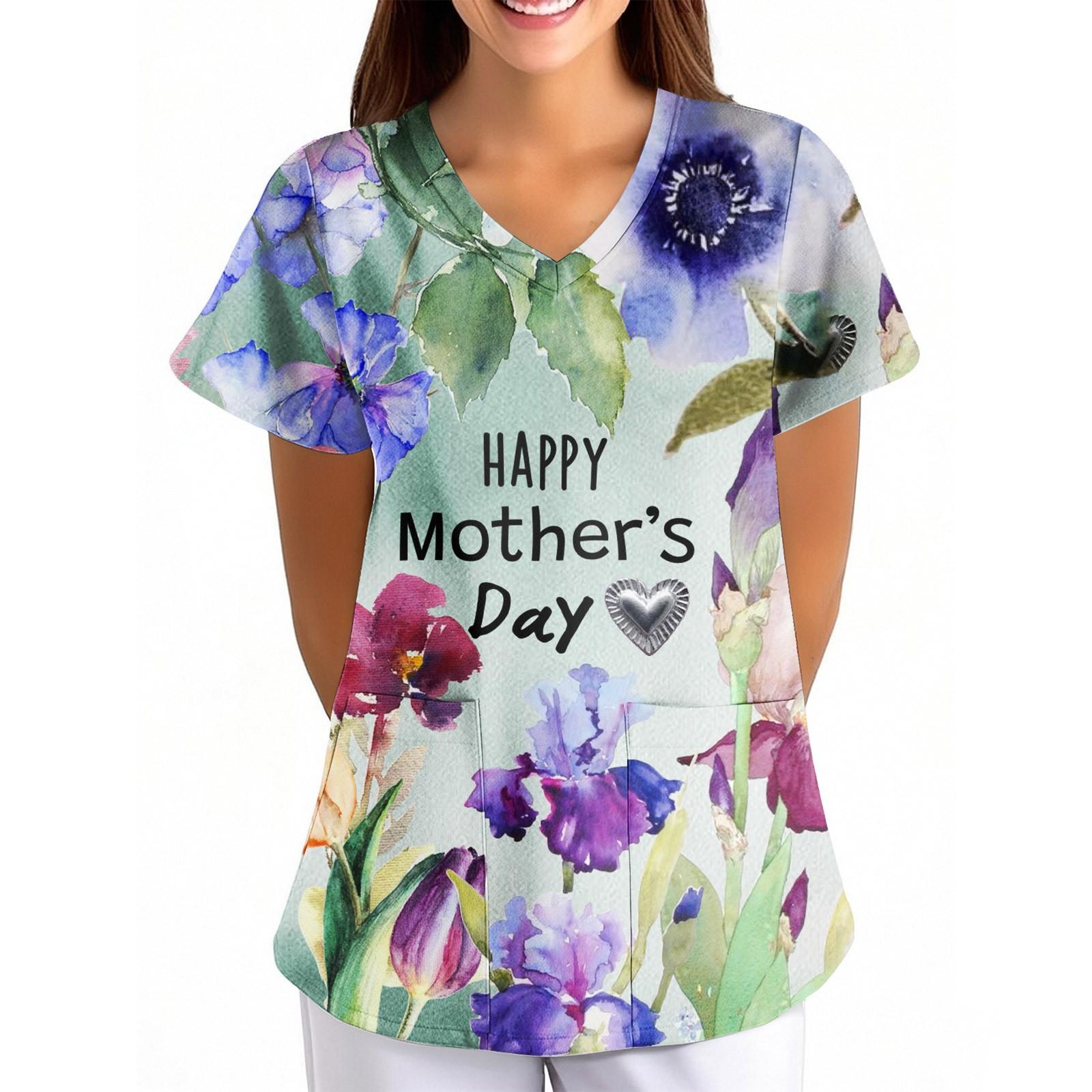 

Женская униформа с принтом ко Дню матери, свободная, с V-образным вырезом, карманом и коротким рукавомУниформа L темно-фиолетового