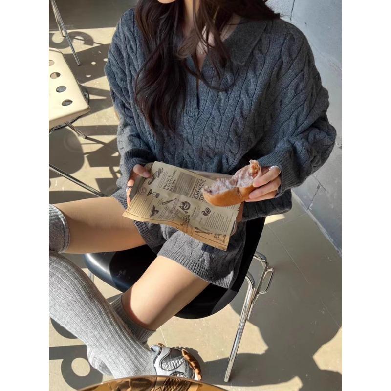 Elegant Fashion Autumn Winter Pullover Women Sweater Knitted Shorts 2 Two Piece Sets Loose Office Outfits Lapel Casual Long Sleeve Tops