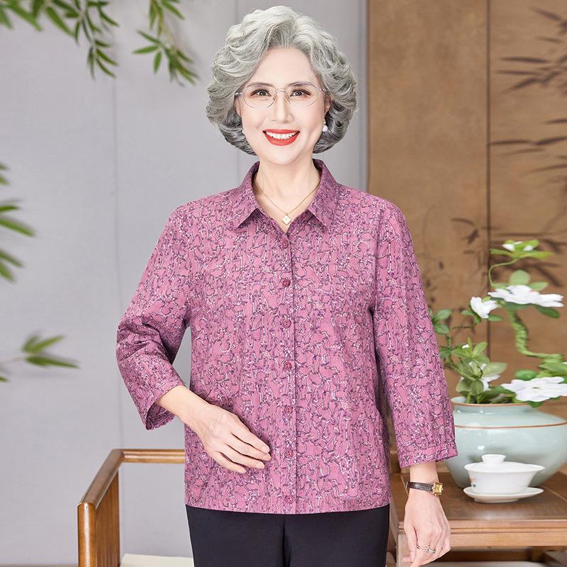 

New Summer Cotton Shirt for Middle-Aged and Elderly Women, 7-Sleeve Top for Grandmothers Aged 60-70 L (up to 105 lbs)