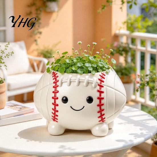 Creative Garden Ornament Rugby Ball Succulent Planter, Resin Small Flower Pot with Feet, Weatherproof Decor Cute Smiling Plant for Indoor Outdoor Home