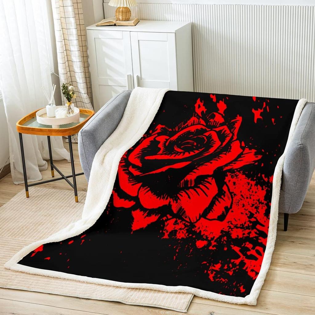 Red Rose Blanket Soft Fleece Throw Black Background Romantic Design Home Decor Gift for Her