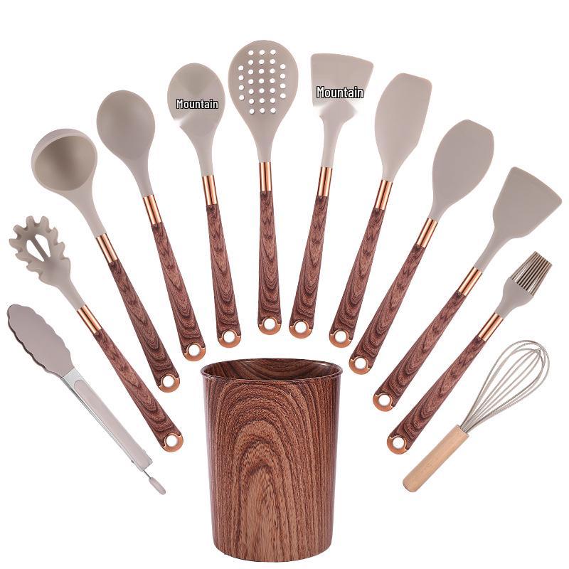 12-Piece Silicone Wood-Grain Non-Stick Cookware Set with Heat-Resistant Spatula and Spoon
