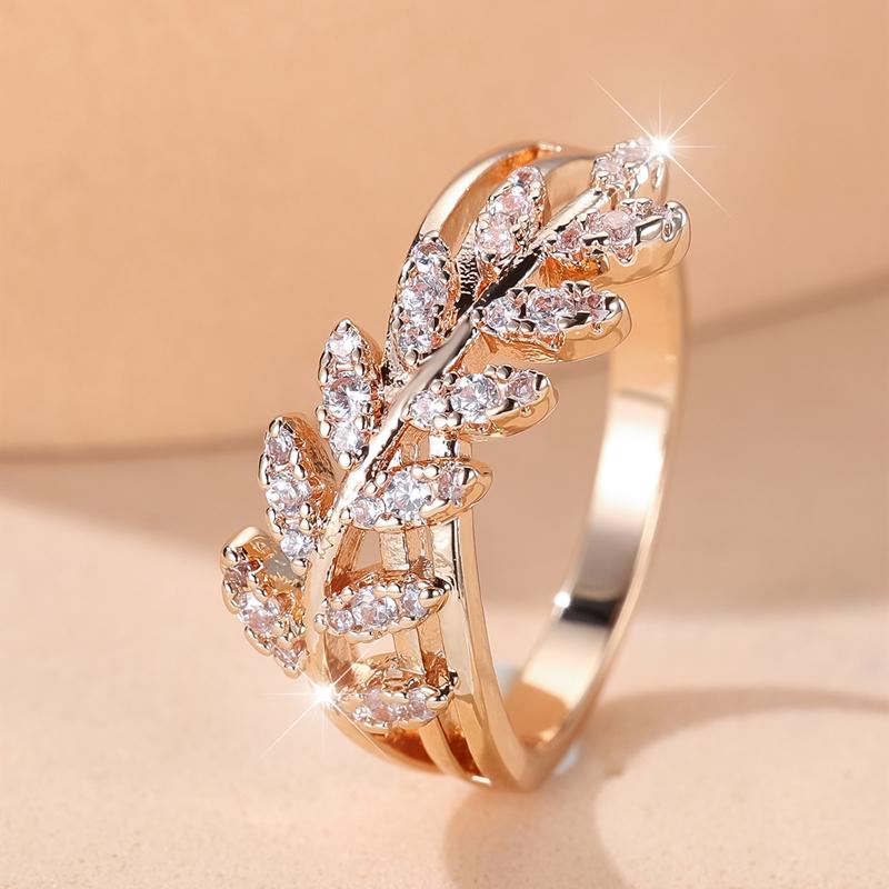 Anelli vintage con foglia di zircone bianco per donna, anello di fidanzamento di lusso color oro rosa per matrimonio
