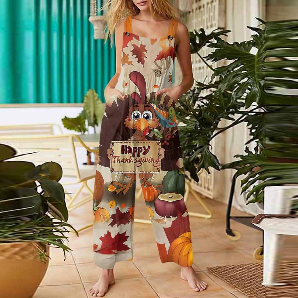 Women's Casual Retro Printed Jumpsuit Sleeveless Cotton Jumpsuit