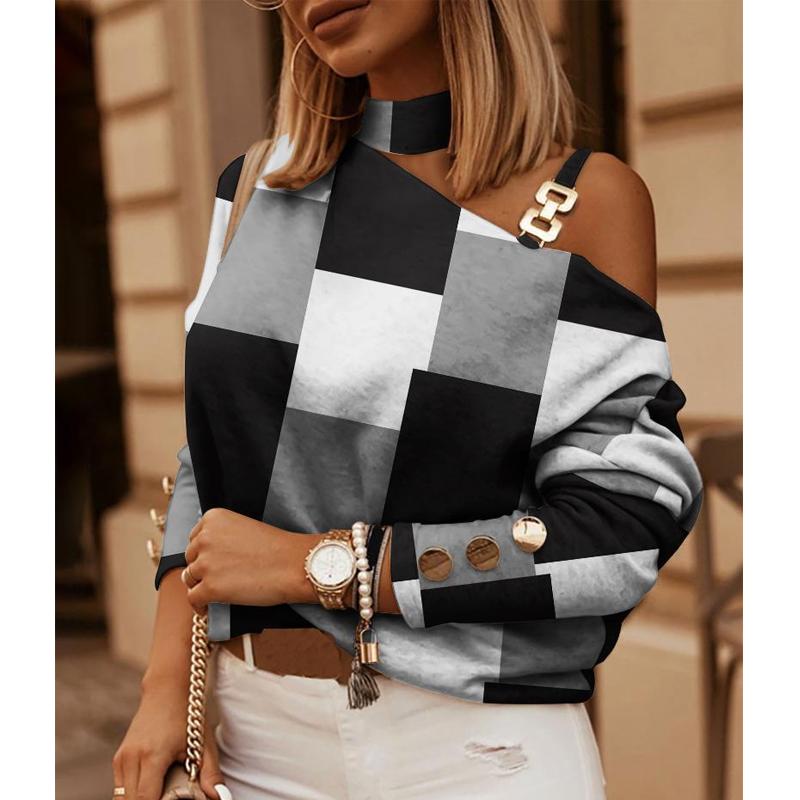 Damen Frühling Neue Mode Kontrast Farbe Diagonal Schulter Kette Hängenden Hals Print Top