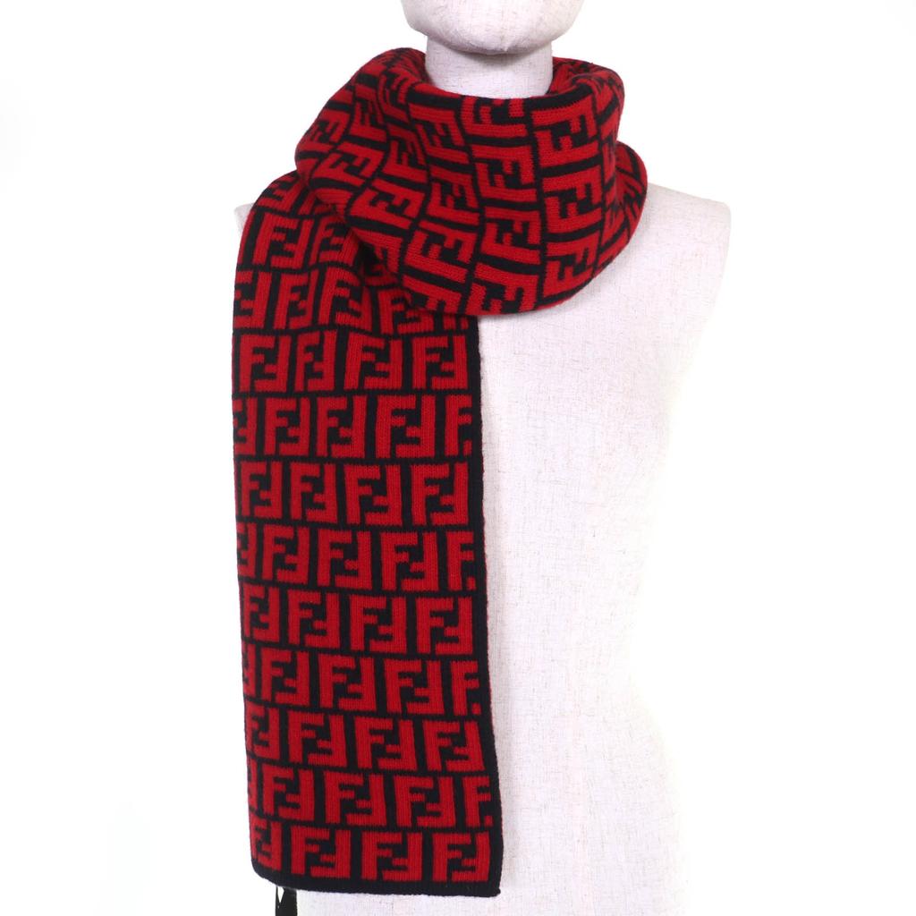 Pristine FENDI Scarf FF Logo Zucca Pattern Red wool Women FXS346 Used