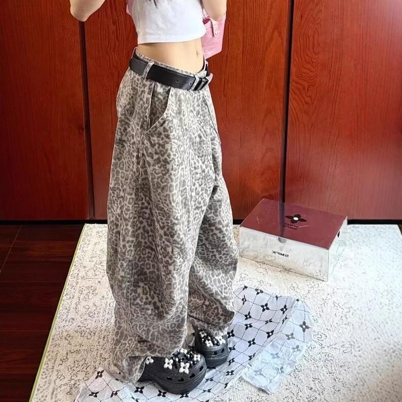 Summer hot sale washed leopard print jeans retro casual and thin versatile fashionable wide-leg trousers women