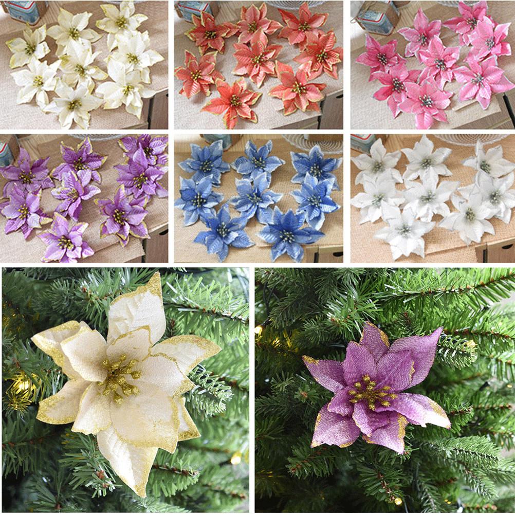 24Pcs Christmas Flower Silver Gold Glitter Artificial Flowers Decoration for Christmas Tree Home Table Ornament