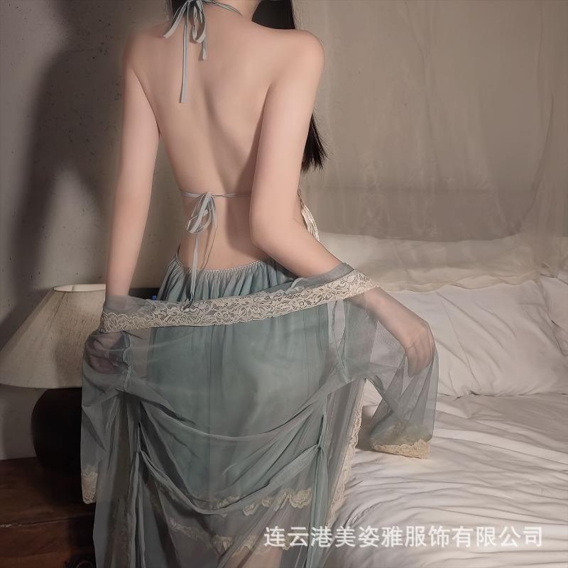 New Sexy Pajamas Transparent Mesh Ice Silk Nightdress with Chest Pad Pure Desire Style Bow Lace Set Abstinence