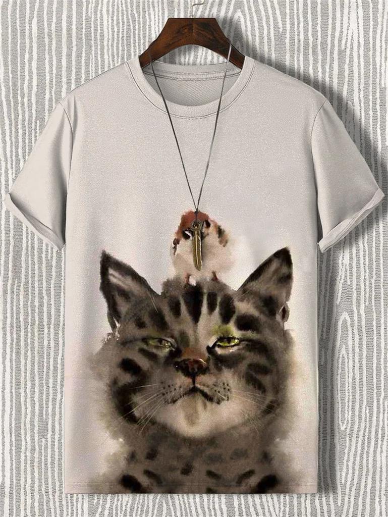Japanese Cat Pattern T-Shirt For Men Warrior Animal 3D Print Tee Shirts Summer Casual O-Neck Short Sleeve Tees Street Loose Tops