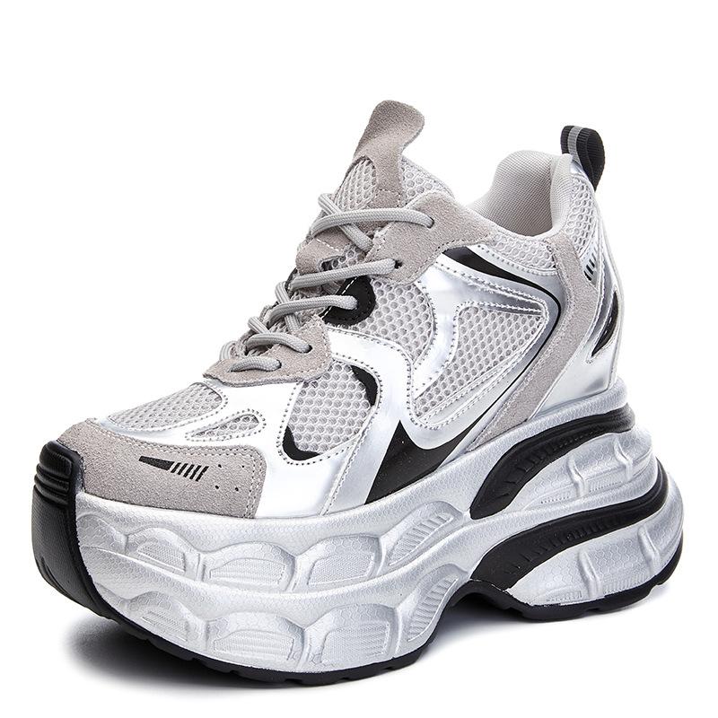 

Inner height increase 12CM dad shoes women s autumn new small man thick-soled mesh sports shoes super high heel casual shoes 39 срібний