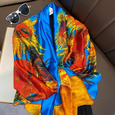 Foulard in Seta Pittura a Olio Van Gogh Donna Marca di Lusso Stampa Girasole Sciarpa Femme Estate Spiaggia Protezione Solare Avvolgenti Hijab Lungo Foulard