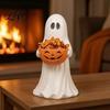 Vintage Style Ornament Halloween Ghost Figurine with Pumpkin Candy Bowl Cute Resin Statue Freestanding Desktop Light Trick or Treat Holder for Front