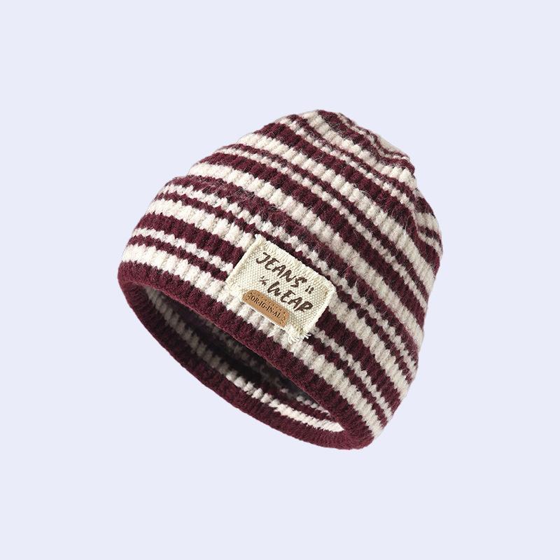 

Striped Knitted Hat for Women in Autumn and Winter Korean Style Fashion Letter Patch Big Head Circumference Showing Face Small Woolen Hat One size