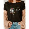 European Sizes Women's -Colored Book & Dandelion Seed Print T-Shirt - Casual Short Sleeve Crew Neck Top Suitable for Summer & Spring
