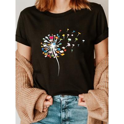 Europäische Größen Damen -Farbiges T-Shirt mit Buch- und Pusteblumensamen-Print - Lässiges Kurzarm-Rundhals-Oberteil für Sommer & Frühling geeignet