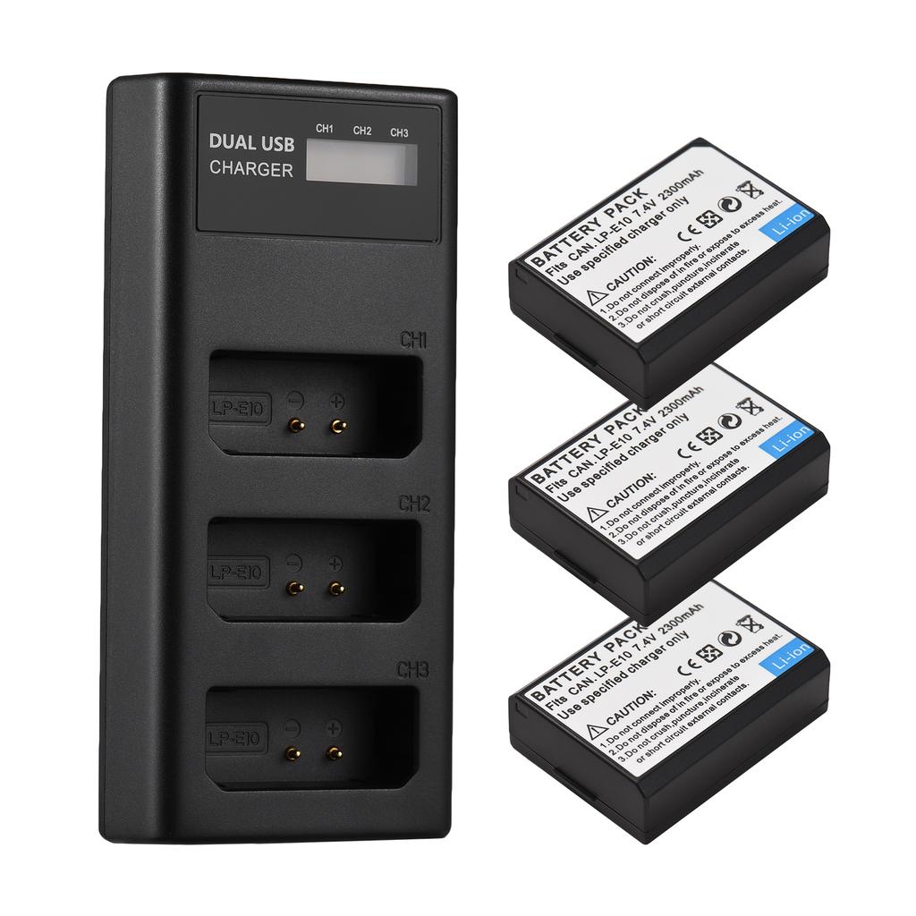 LP E10 Battery Charger 3 Slot Charger with LED Indicators Micro USB & Type C Port + 3pcs LP E10 Batteries 7.4V 2300mAh