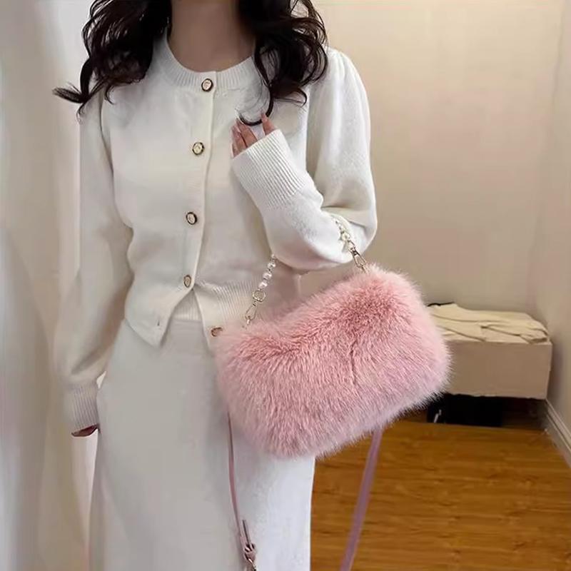 Yogodlns Winter Fashion Women's Faux Fur Shoulder Bags Candy Color Pearl Handle Crossbody Bag Small Fluffy Female Pillow Handbags
