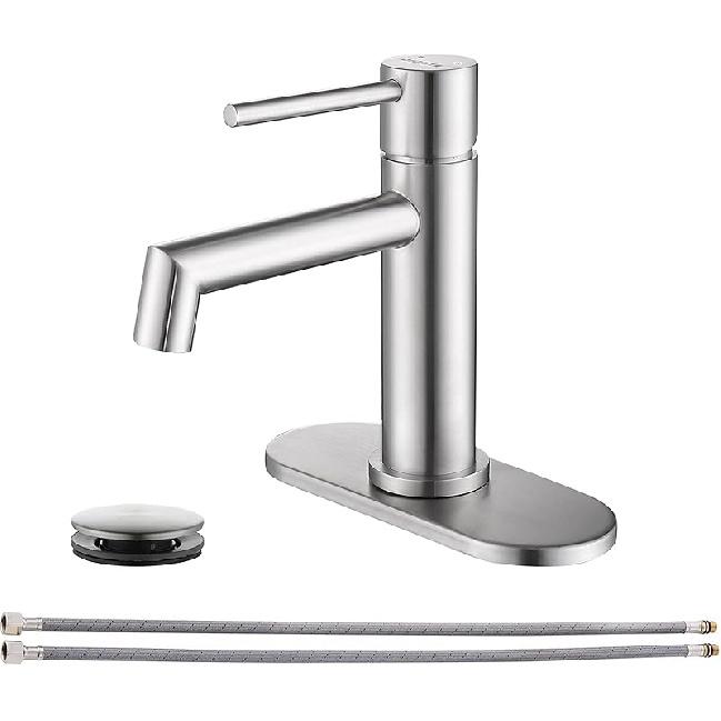 Brushed Gold Bathroom Faucet with Plastic Pop Up Drain, 6.25'' Metal Escutcheon and Supply Lines, Single Handle Stainless Basin Mixer Tap, Modern