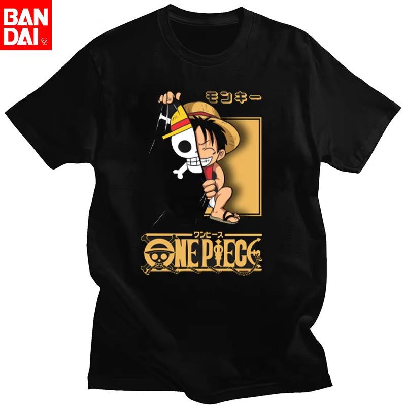 2026 One Piece 2026 Unisex Black T Shirt Front Chibi Luffy Skull Comfortable summer loose Unisexs Tshirt