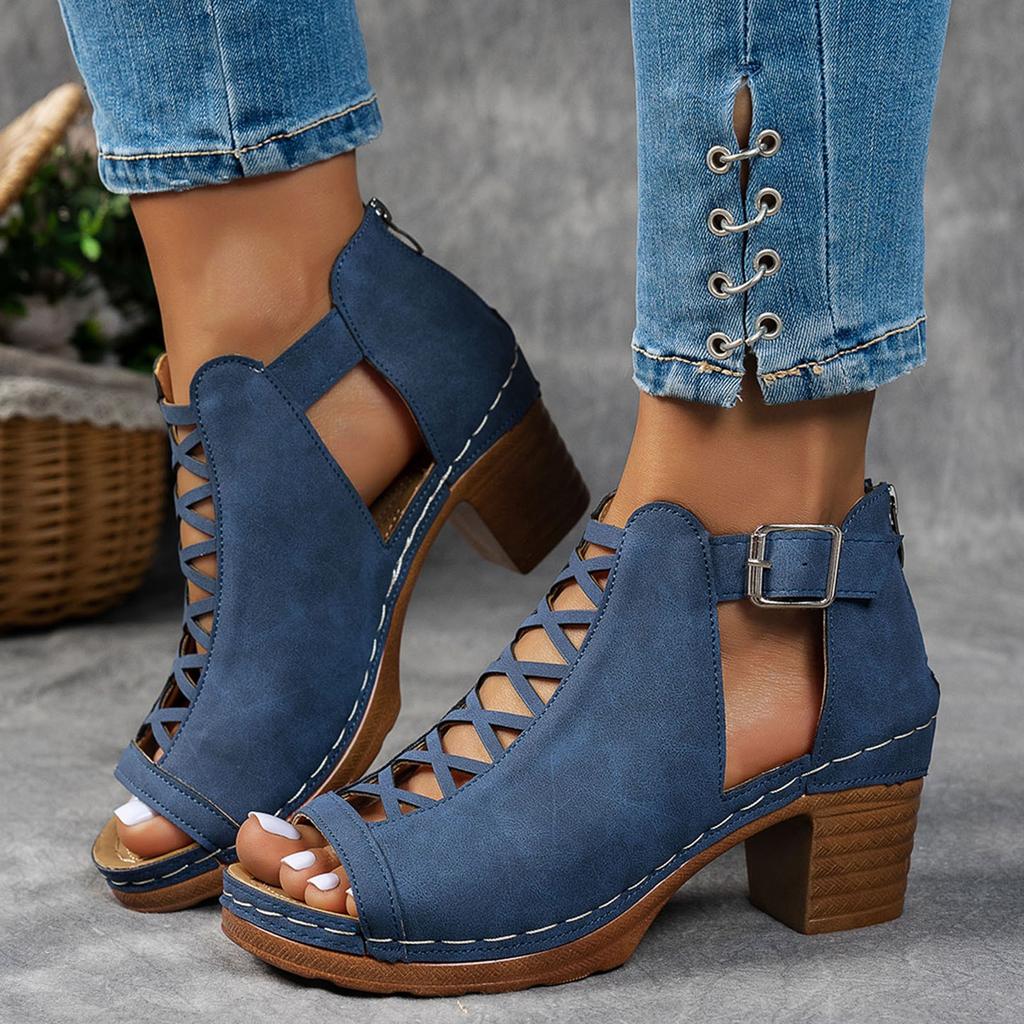 Women Summer Elegant Sandals Thick Heel Wedge Chunky High Heels Open Toe Hollow Cross Bundled Wedding Versatile Shoes