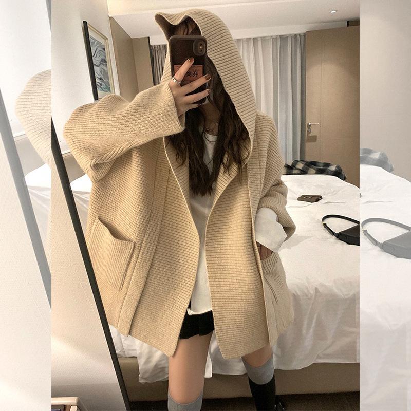 V-neck Loose Large Size Sweater Jacket Women's Retro Simple Style Pocket Silhouette Hooded Jacket Women's Autumn Versatile