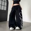 Womens Streetwear Beaded Letter Print Sweatpants Loose Wide Leg Dance Sports Pants